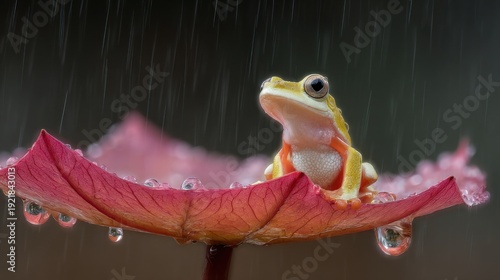 Tiny frog on pink leaf in rain