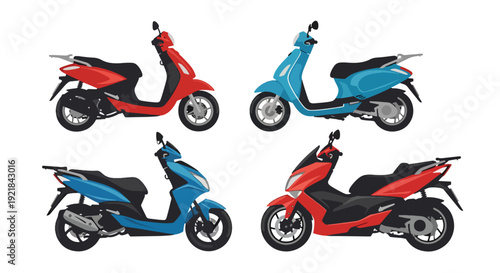 Flat vector collection of modern scooters and urban motorbikes in side view featuring city transportation vehicles isolated on white background, mobility and delivery concept illustration