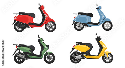 Flat vector collection of modern scooters and urban motorbikes in side view featuring city transportation vehicles isolated on white background, mobility and delivery concept illustration