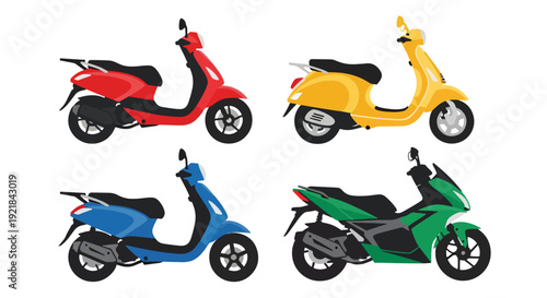 Flat vector collection of modern scooters and urban motorbikes in side view featuring city transportation vehicles isolated on white background, mobility and delivery concept illustration