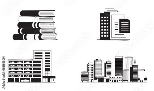 Stack of books and office building icons with parking garage and metropolitan city skyline graphics