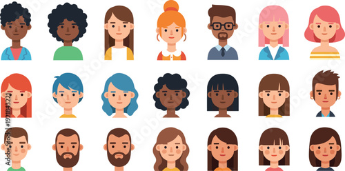 Diverse people avatar set with flat cartoon portrait faces