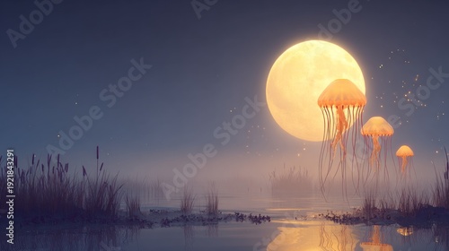 Golden moon, glowing jellyfish, misty marsh
