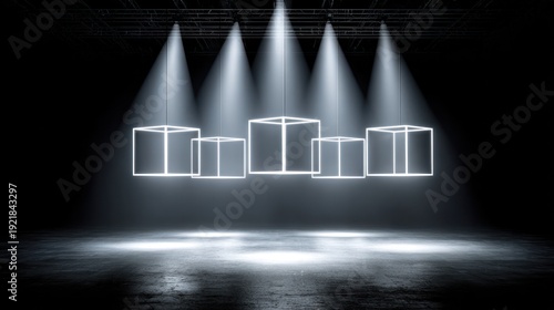 Empty stage with glowing white cubes