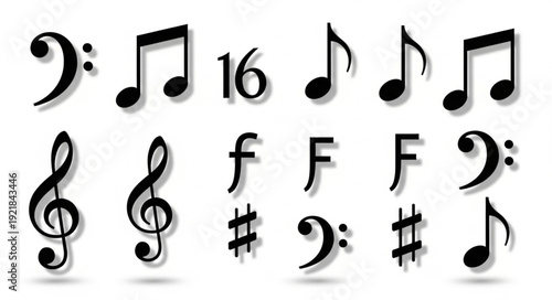 Collection of Musical Notes and Symbols on White Background.
