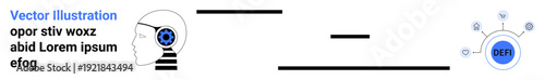 Decentralized finance, blockchain, technology, innovation, cryptocurrency, digital assets. A human head with connected nodes and blockchain symbols. Decentralized finance and blockchain concepts