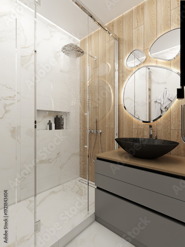 Modern bathroom interior with glass shower, wooden panels, marble walls and soft lighting, featuring a stylish black sink and minimal design for a calm, luxurious atmosphere