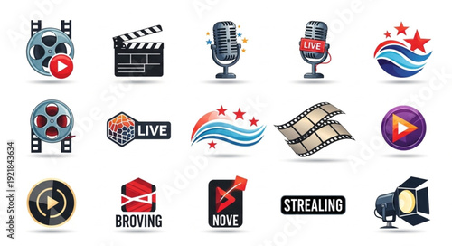 Collection of media and entertainment icons and symbols.