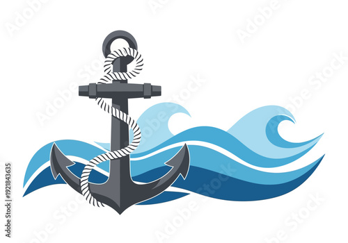 Stylized Anchor with Rope and Blue Waves Illustration