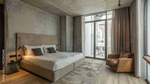 A high-end industrial-style bedroom with a refined beige seating arrangement, soft gray concrete walls, and elegant wooden flooring