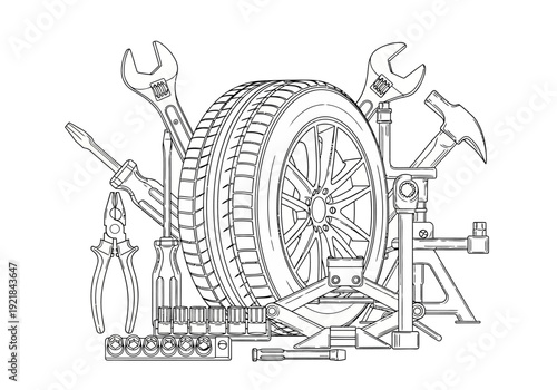 Car Tire and Tools Illustration: Wrench, Jack, Screwdriver, and Socket Set