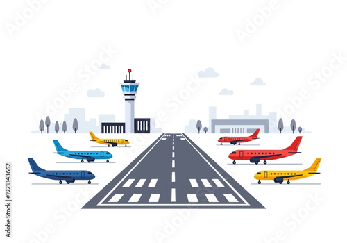 Colorful Airplanes on Airport Runway with Control Tower