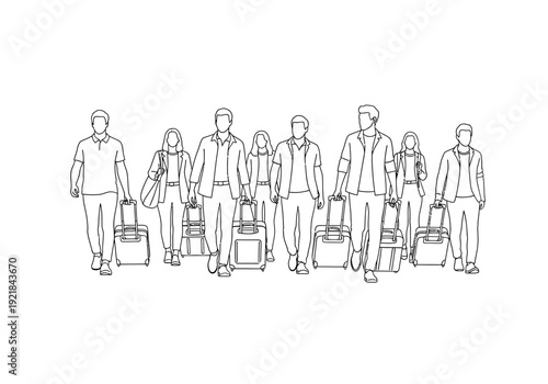 Line Art Illustration of People Traveling with Luggage
