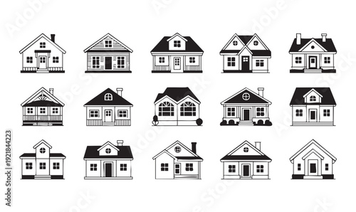 Detailed hand drawn suburban house illustrations with porch and window details for neighborhood branding set