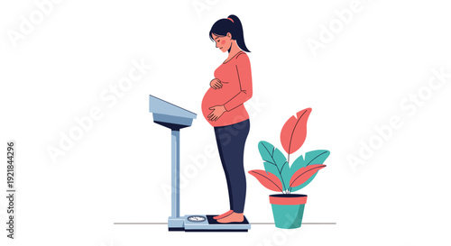 Expectant mother in a pink top stands on a mechanical weighing scale to monitor her health during pregnancy, accompanied by a green potted plant.