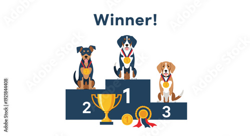 Group of three dogs including a beagle and rottweiler stand on a competition podium with medals and a trophy celebrating their victory as winners.