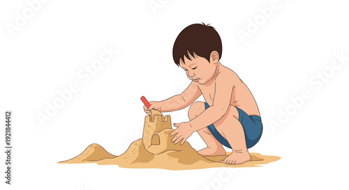 Young boy in blue swim trunks sits on the sand and carefully builds a detailed sandcastle on the beach during a fun summer vacation by the sea.