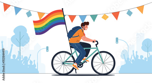 Person wearing a backpack and helmet rides a bicycle with a large rainbow pride flag attached while participating in a festive city parade event.