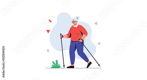 Active senior woman with grey hair enjoys Nordic walking with poles through a park while wearing a red sweater and blue pants for her health.