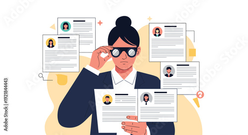 Professional woman recruiter wearing glasses uses binoculars to scan candidate resumes and profile documents during a hiring process.