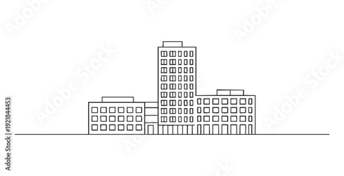 Modern city building line art vector illustration with multiple structures and high-rise apartment complex