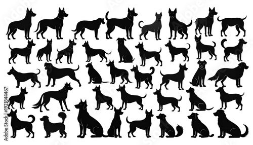 A dense formation of black and white silhouetted dogs in a repetitive pattern. isolated on transparent background