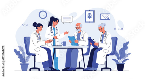 Team of diverse medical doctors and healthcare professionals in white lab coats hold a meeting around a table to discuss patient files and cases.