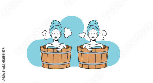 Two women with blue towels wrapped around their heads relax and enjoy a steaming bath in traditional wooden hot tubs on a light blue background.