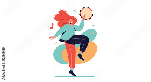 Happy red-haired woman dances energetically while playing a tambourine against a background of colorful abstract shapes and floating musical notes.