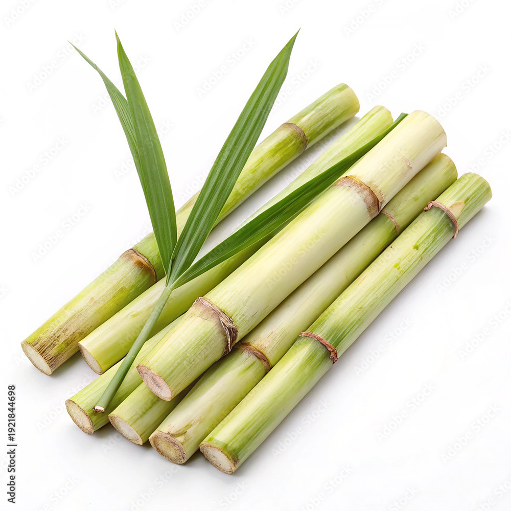 Fototapeta premium Fresh organic sugarcane stalks with green leaves isolated on white background