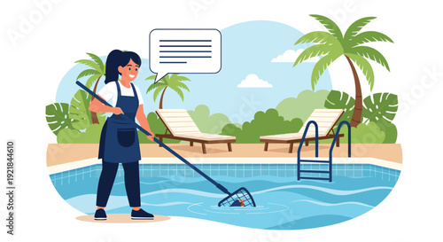 Smiling woman wearing an apron and a ponytail uses a long-handled net to clean debris from a swimming pool at a tropical resort with palm trees.