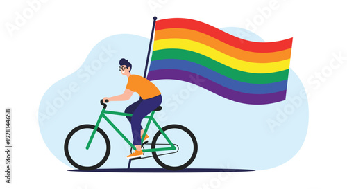 Happy man riding a green bicycle while waving a large rainbow pride flag to celebrate lgbtq community and equality.