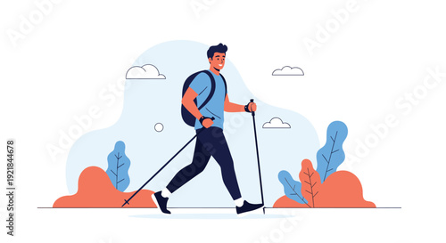 Active man with a backpack uses trekking poles while hiking through a colorful landscape with trees and clouds.