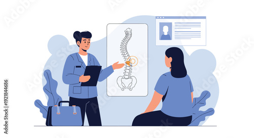 Professional female doctor explains spinal scoliosis to a patient using an anatomical chart during a medical checkup.