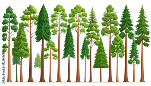 A diverse forest landscape featuring various types of tall trees in a natural setting isolated on transparent background