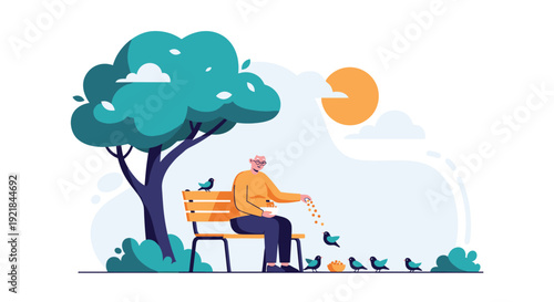 Elderly man in glasses sits on a wooden park bench under a large tree while feeding a group of small blue birds.
