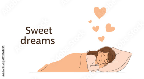 Little girl sleeps soundly with her eyes closed under a blanket while heart symbols float above her for sweet dreams.