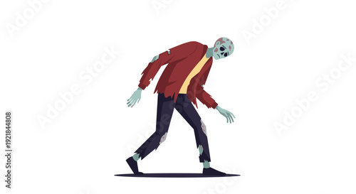 Scary cartoon zombie with gray skin and tattered clothes walks slowly forward on a white background for halloween.