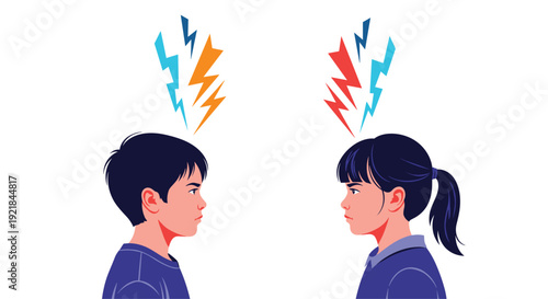Angry boy and girl stare at each other with lightning bolts above their heads representing a childhood conflict.