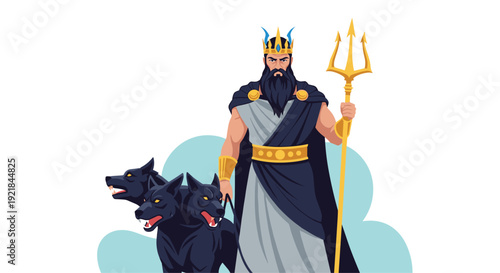 Powerful greek god hades stands with his golden trident and his three headed guardian dog cerberus in the clouds.