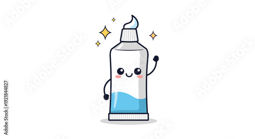 Cute cartoon character of a toothpaste tube with a smiling face waves its hand on a white background for kids.