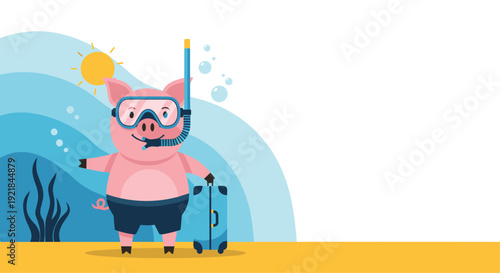 Funny pig character stands on a beach with snorkeling gear and a blue suitcase ready for a tropical vacation.