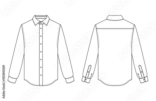 Front and back shirt technical drawing, shirt template for fashion design, clean flat outline ready for tailoring, apparel branding and ecommerce catalog use.