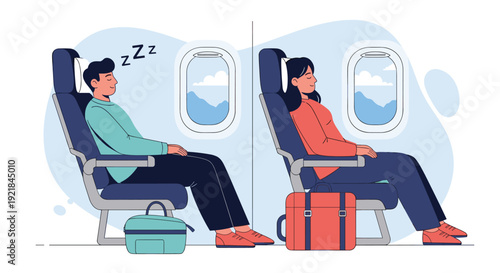 Passengers sleeping comfortably in their airplane seats during a flight, with a view of clouds and mountains through the cabin windows.