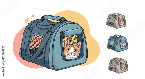 Set of colorful pet carrier bags with a curious ginger cat peeking out from the front opening, showing various color options for travel.