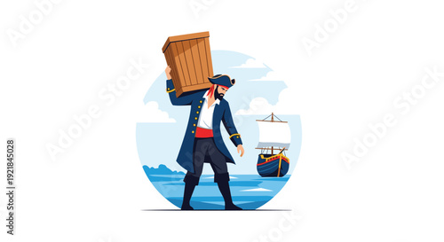 Brave pirate carrying a large wooden crate on his shoulder while standing on a coast with a sailing ship visible on the ocean behind.