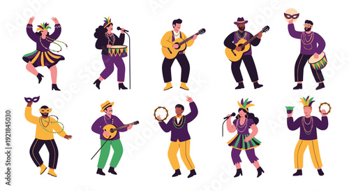 Large collection of diverse musicians and dancers in colorful costumes performing with various instruments for a festive carnival event.