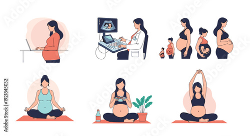 Infographic showing various stages of pregnancy and prenatal care activities like ultrasound exams, yoga, healthy eating, and working.