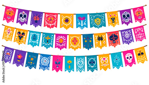 Colorful paper flags strung together in a festive outdoor display isolated on transparent background