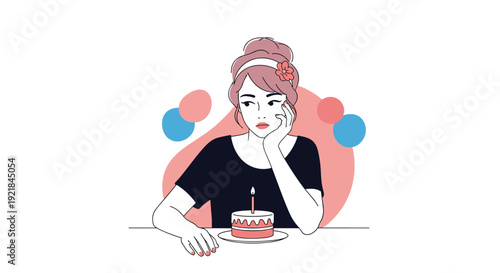 Pensive woman sitting alone at a table with a small birthday cake and a single lit candle, reflecting on a personal moment or memory.